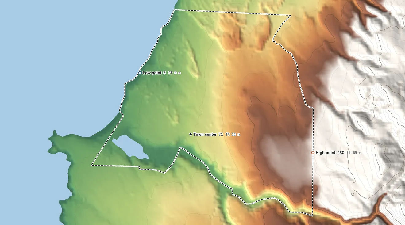 Topographic elevation map of Cleone, California, shaded from sea level level on the Pacific Ocean to 280 ft on the east edge, below higher ground just outside