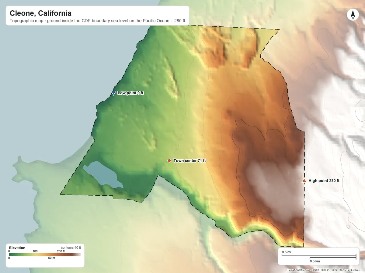 Topographic elevation map of Cleone, California, shaded from sea level level on the Pacific Ocean to 280 ft on the east edge, below higher ground just outside