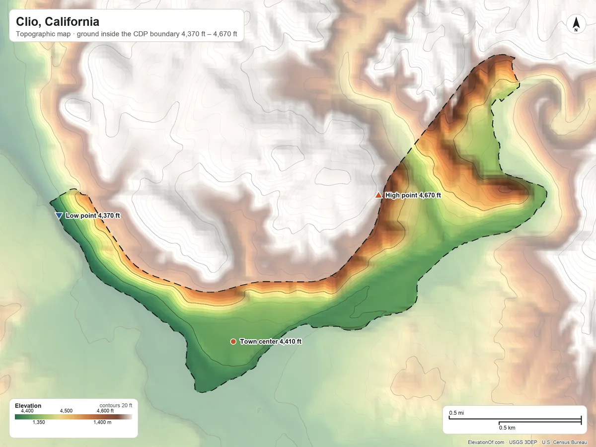 Topographic elevation map of Clio, California, shaded from 4,370 ft on the northwest side to 4,670 ft on the northeast edge, below higher ground just outside