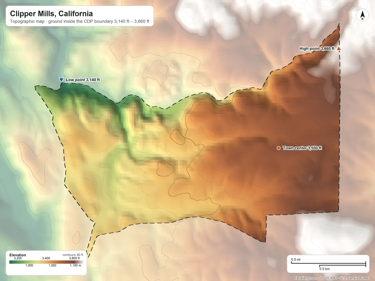 Topographic elevation map of Clipper Mills, California, shaded from 3,140 ft on the west side to 3,660 ft on the northeast edge, below higher ground just outside