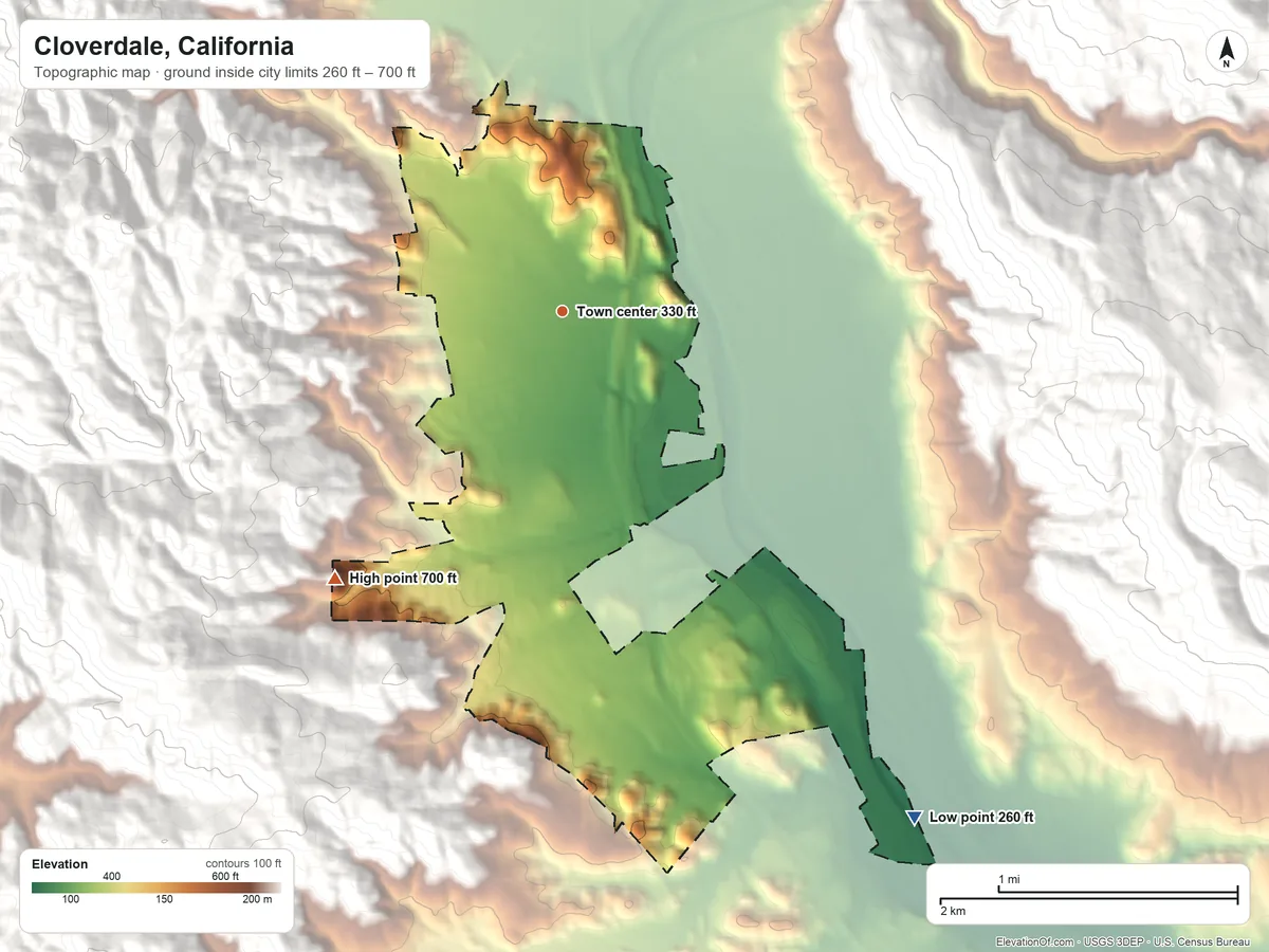 Topographic elevation map of Cloverdale, California, shaded from 260 ft on the southeast side to 700 ft at the foot of The Girdle
