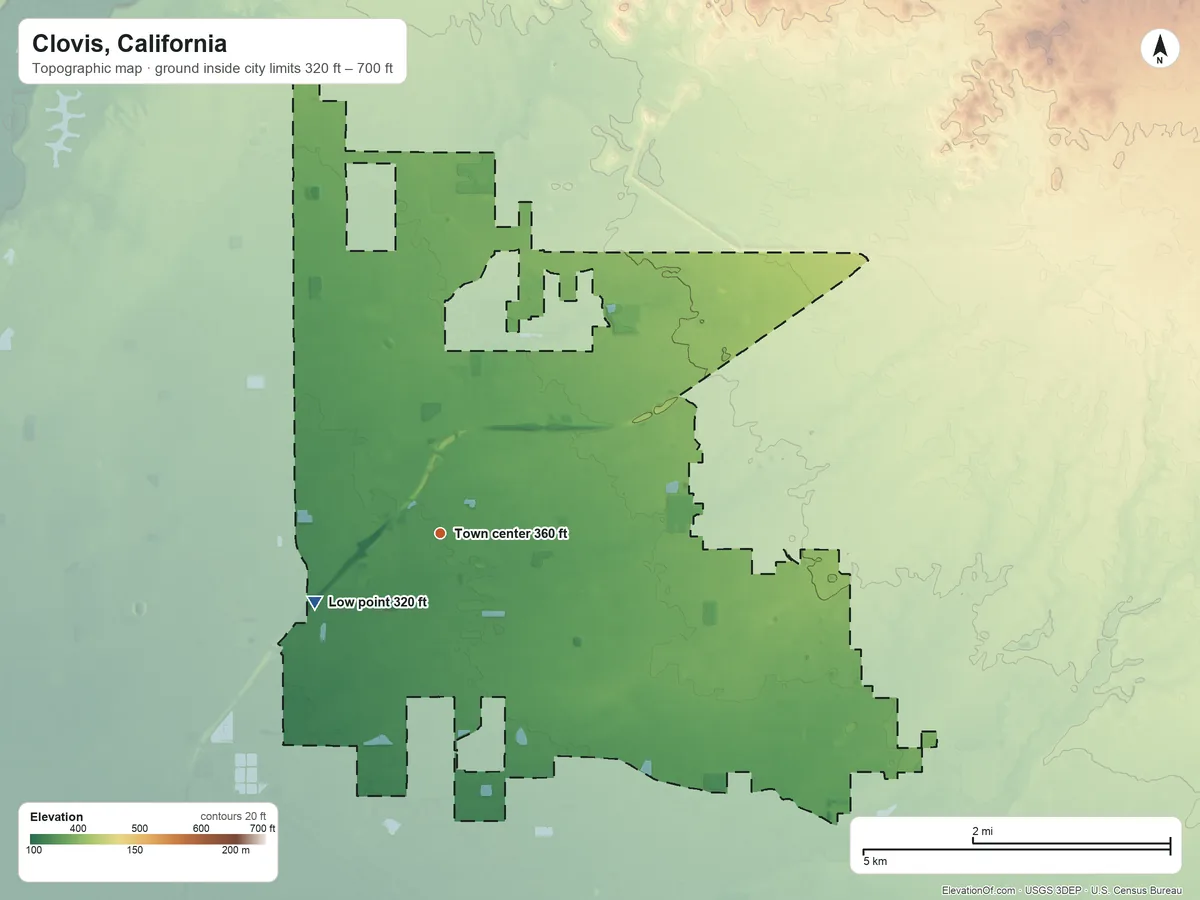 Topographic elevation map of Clovis, California, shaded from 320 ft on the southwest side to 700 ft on the north side