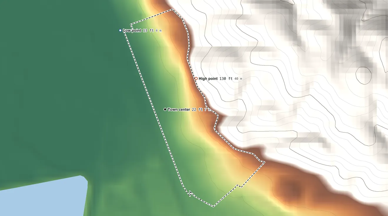Topographic elevation map of Clyde, California, shaded from 13 ft on the northwest side to 130 ft at the foot of the Briones Hills