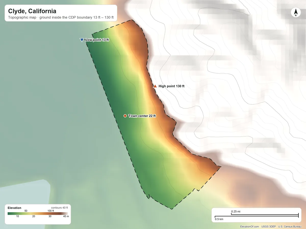 Topographic elevation map of Clyde, California, shaded from 13 ft on the northwest side to 130 ft at the foot of the Briones Hills