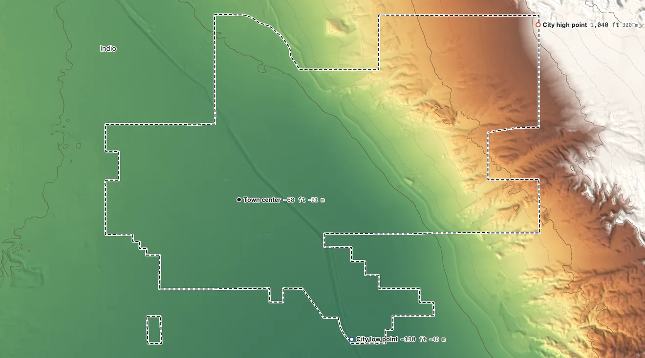 Topographic elevation map of Coachella, California, shaded from −130 ft on the southeast side to 1,040 ft at the foot of the Indio Hills