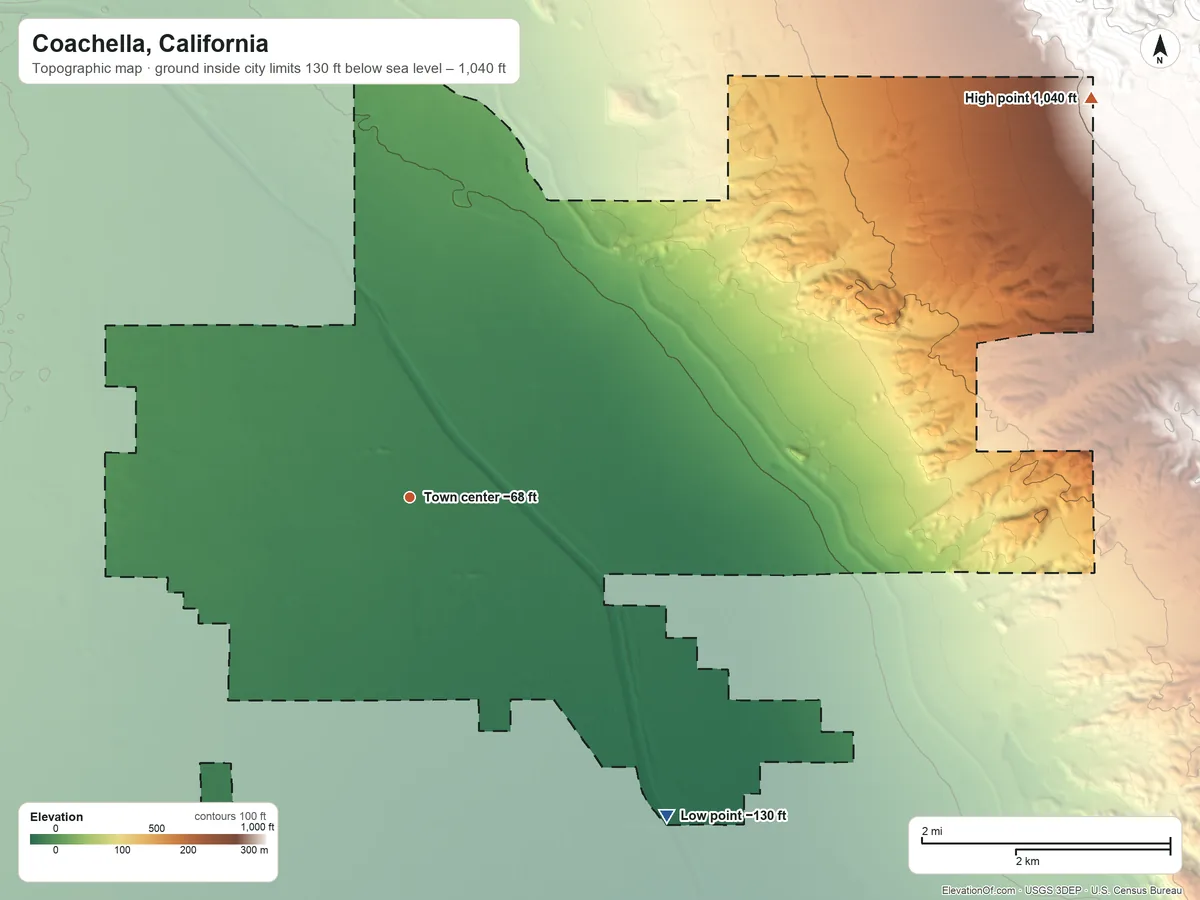 Topographic elevation map of Coachella, California, shaded from −130 ft on the southeast side to 1,040 ft at the foot of the Indio Hills