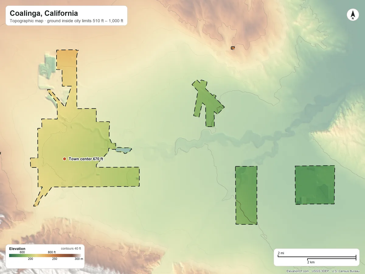 Topographic elevation map of Coalinga, California, shaded from 510 ft on the northeast side to 1,000 ft on the northeast side