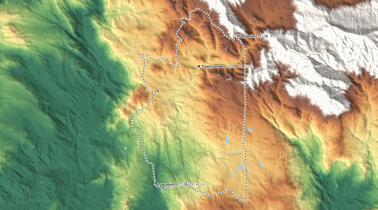 Topographic elevation map of Coarsegold, California, shaded from 1,530 ft on the south side to 3,130 ft on the northeast edge, below higher ground just outside
