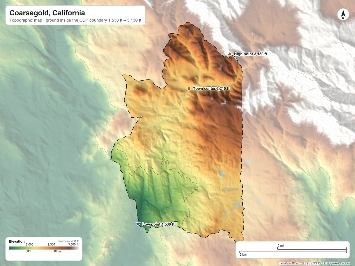 Topographic elevation map of Coarsegold, California, shaded from 1,530 ft on the south side to 3,130 ft on the northeast edge, below higher ground just outside