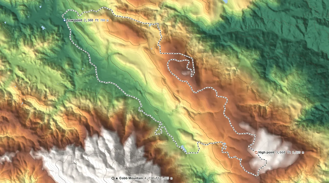 Topographic elevation map of Cobb, California, shaded from 2,300 ft on the northwest side to 3,660 ft on the southeast edge, below higher ground just outside