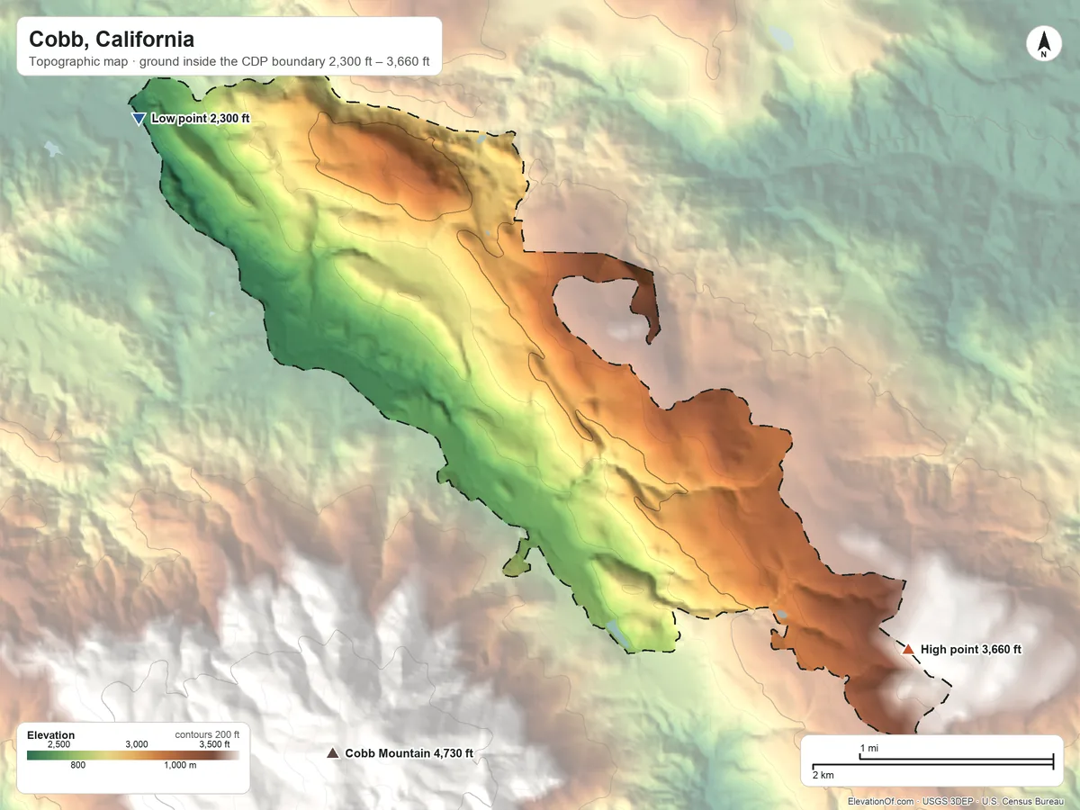 Topographic elevation map of Cobb, California, shaded from 2,300 ft on the northwest side to 3,660 ft on the southeast edge, below higher ground just outside