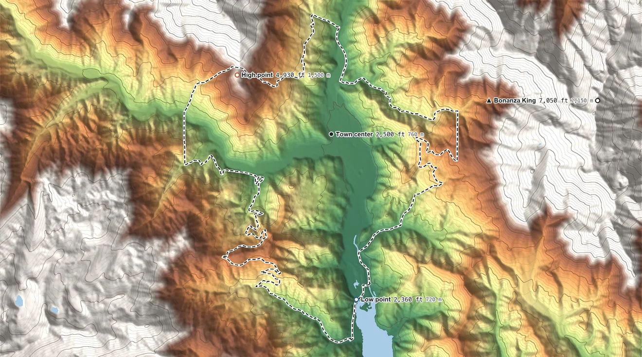 Topographic elevation map of Coffee Creek, California, shaded from 2,360 ft on the south side to 4,930 ft at the foot of the Scott Mountains