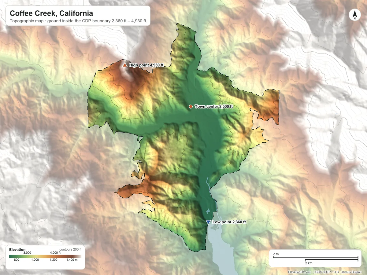 Topographic elevation map of Coffee Creek, California, shaded from 2,360 ft on the south side to 4,930 ft at the foot of the Scott Mountains