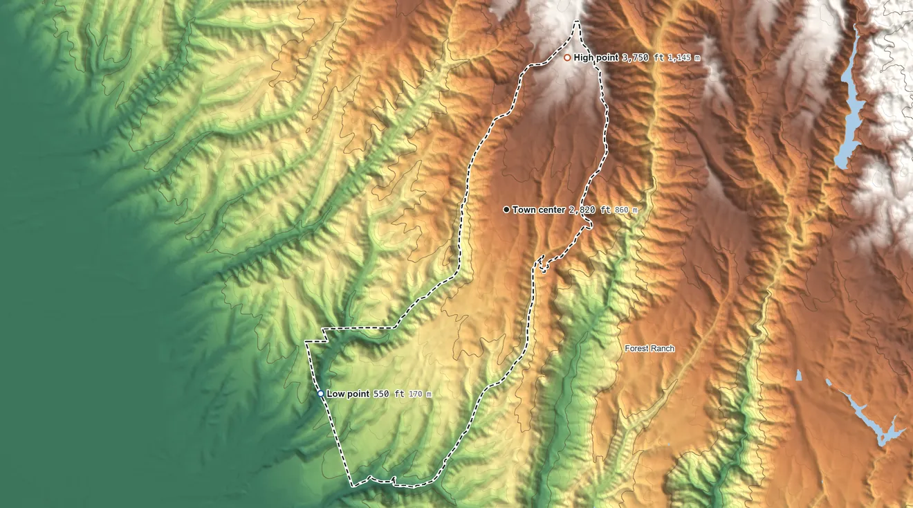 Topographic elevation map of Cohasset, California, shaded from 550 ft on the southwest side to 3,750 ft on the north side