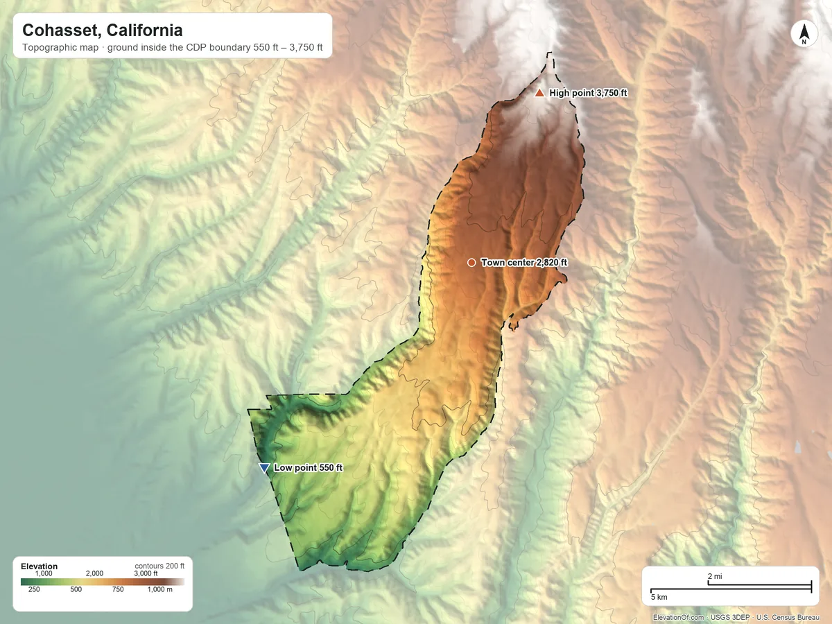 Topographic elevation map of Cohasset, California, shaded from 550 ft on the southwest side to 3,750 ft on the north side