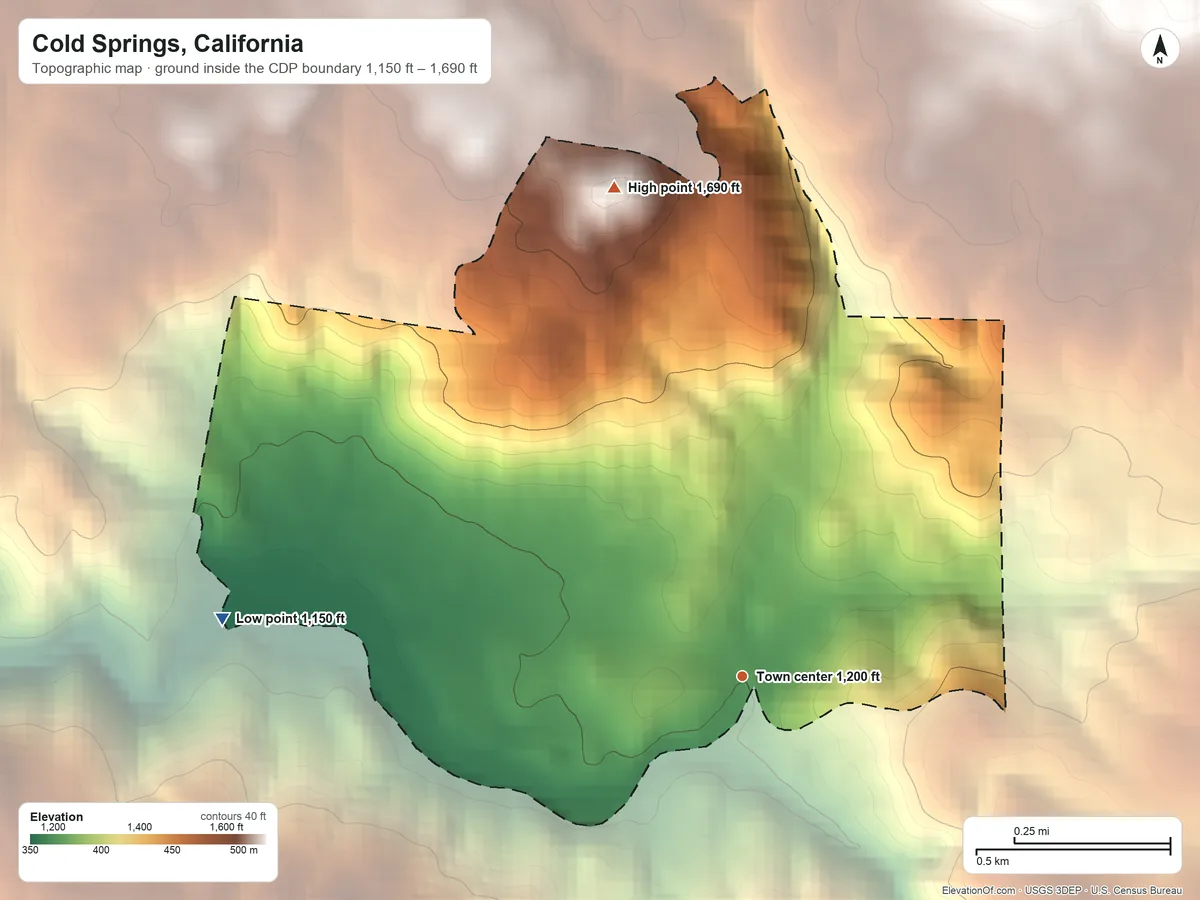 Topographic elevation map of Cold Springs, California, shaded from 1,150 ft on the west side to 1,690 ft on the north edge, below higher ground just outside