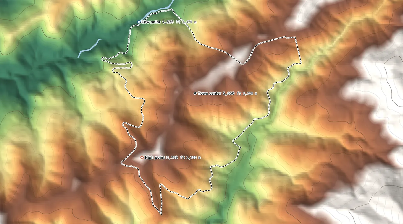 Topographic elevation map of Cold Springs, Tuolumne County, California, shaded from 4,830 ft on the northwest side to 5,790 ft on the southwest side