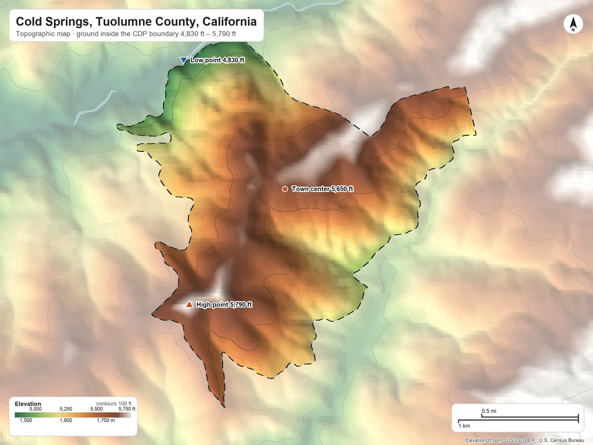 Topographic elevation map of Cold Springs, Tuolumne County, California, shaded from 4,830 ft on the northwest side to 5,790 ft on the southwest side
