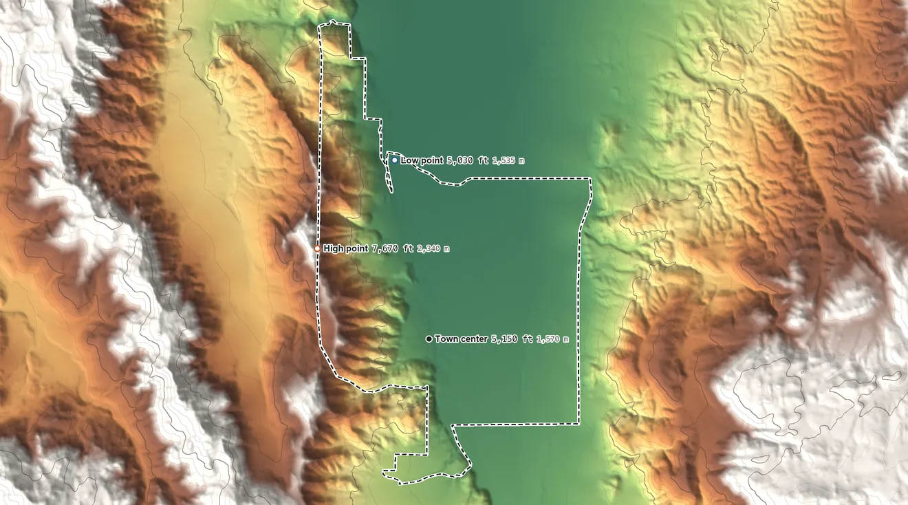 Topographic elevation map of Coleville, California, shaded from 5,030 ft on the north side to 7,670 ft on the northwest side