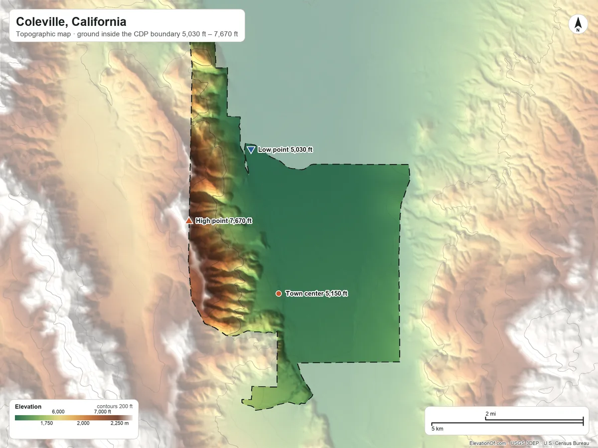 Topographic elevation map of Coleville, California, shaded from 5,030 ft on the north side to 7,670 ft on the northwest side
