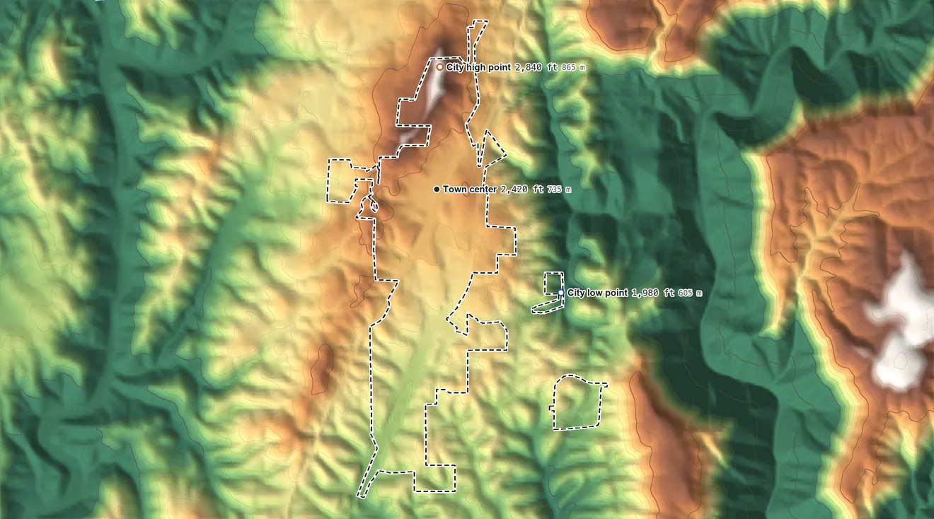 Topographic elevation map of Colfax, California, shaded from 1,980 ft on the southeast side to 2,840 ft on Colfax Hill