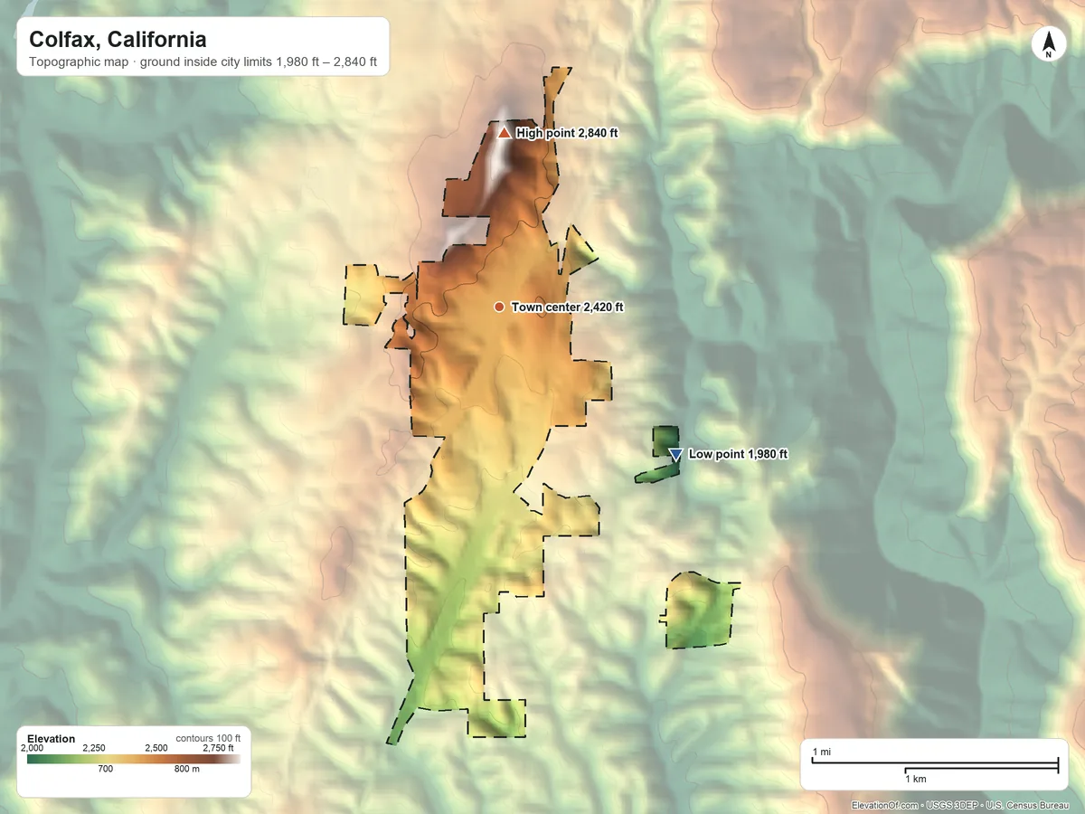 Topographic elevation map of Colfax, California, shaded from 1,980 ft on the southeast side to 2,840 ft on Colfax Hill