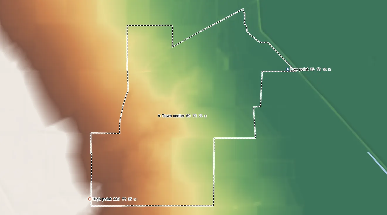 Topographic elevation map of College City, California, shaded from 35 ft on the east side to 110 ft on the southwest side