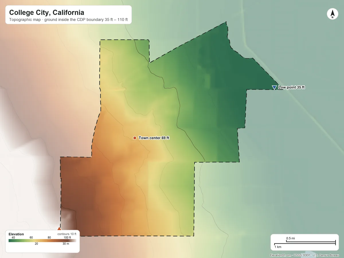 Topographic elevation map of College City, California, shaded from 35 ft on the east side to 110 ft on the southwest side