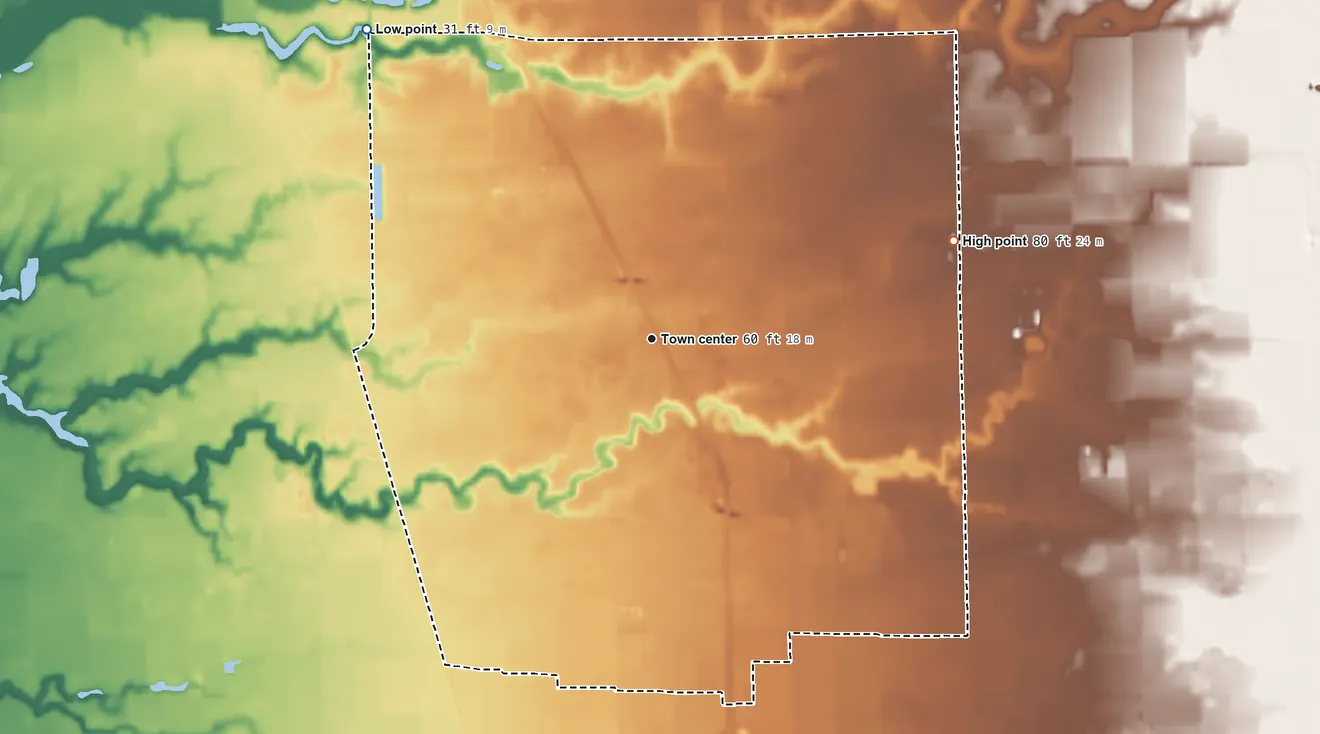 Topographic elevation map of Collierville, California, shaded from 31 ft on the northwest side to 80 ft on the east side