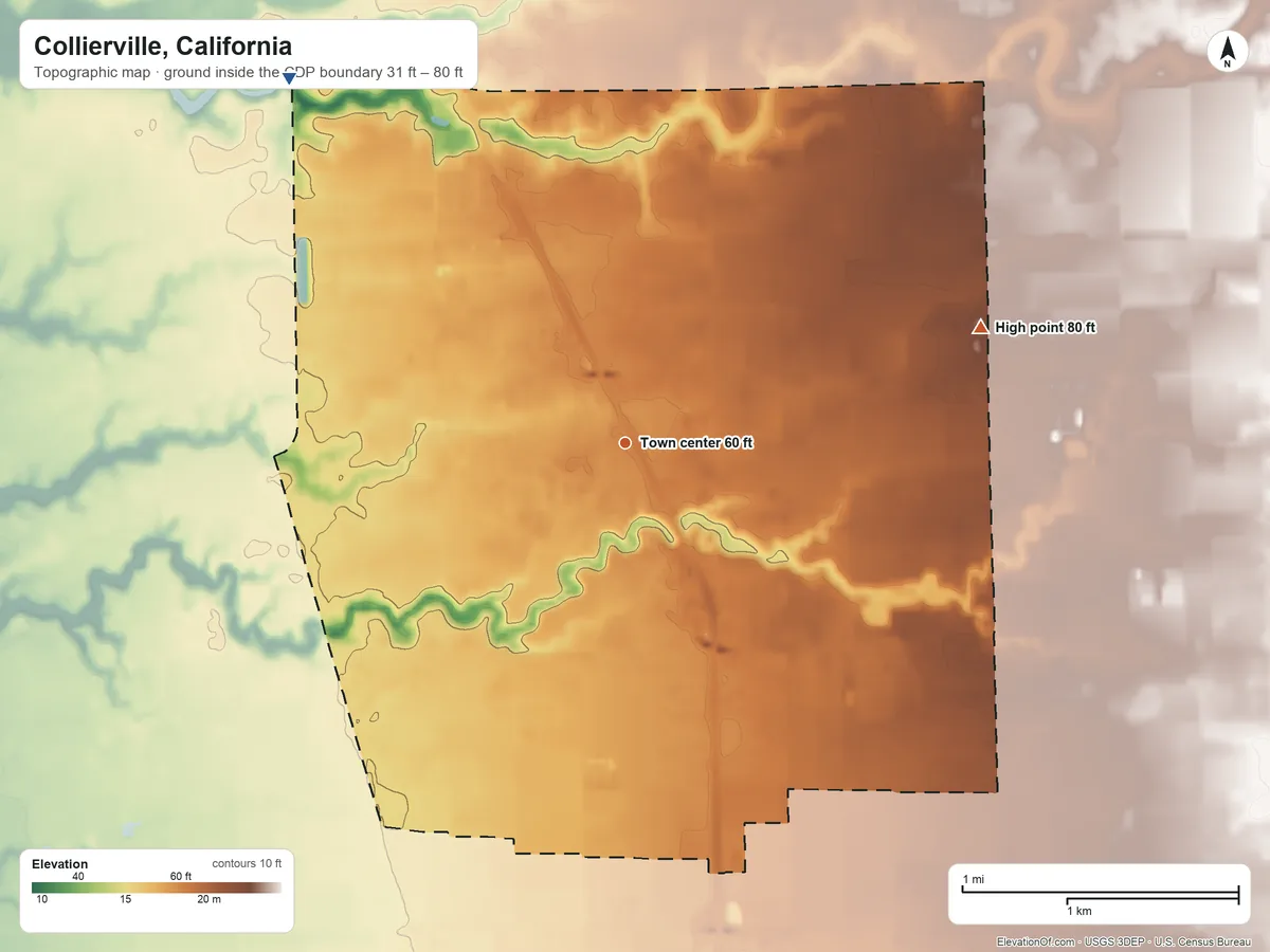 Topographic elevation map of Collierville, California, shaded from 31 ft on the northwest side to 80 ft on the east side
