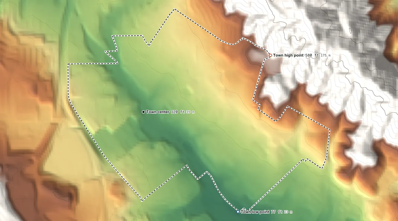 Topographic elevation map of Colma, California, shaded from 77 ft on the southeast side to 580 ft at the foot of the San Miguel Hills