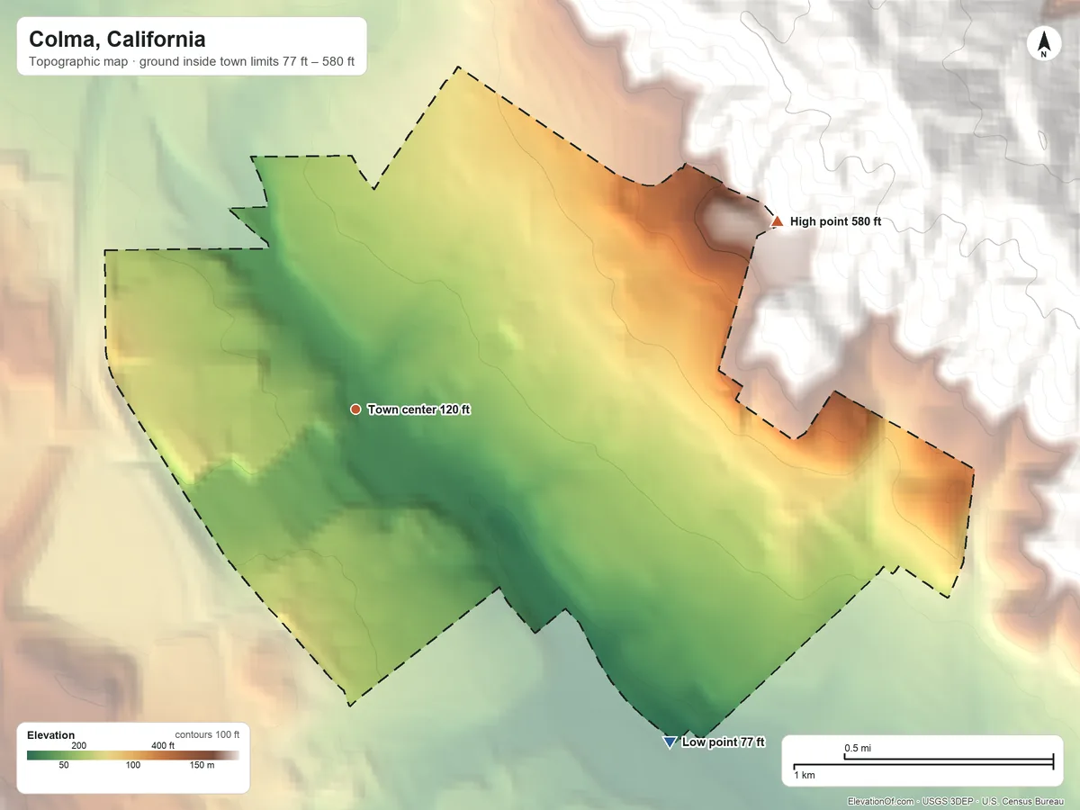 Topographic elevation map of Colma, California, shaded from 77 ft on the southeast side to 580 ft at the foot of the San Miguel Hills