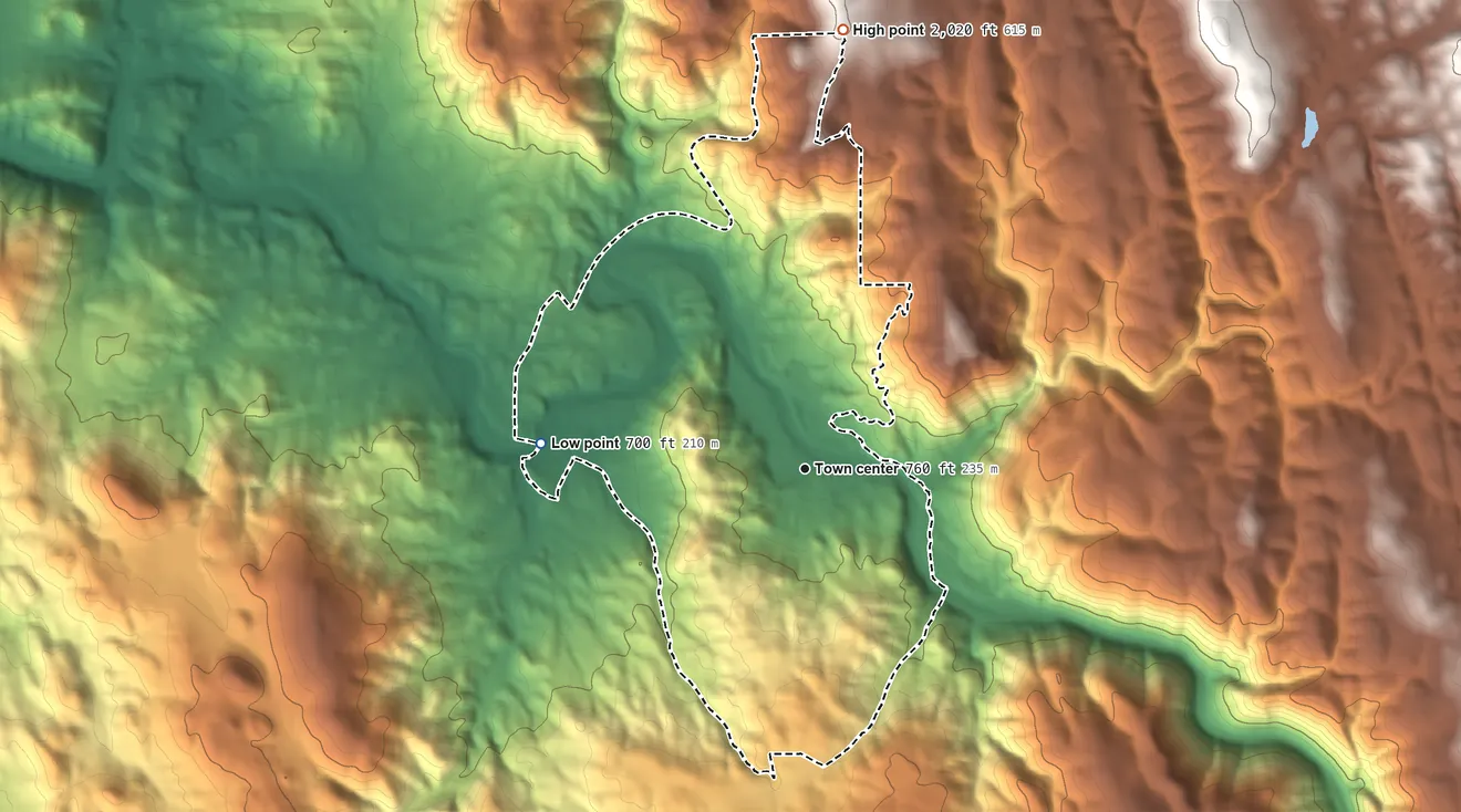 Topographic elevation map of Coloma, California, shaded from 700 ft on the west side to 2,020 ft on the north side