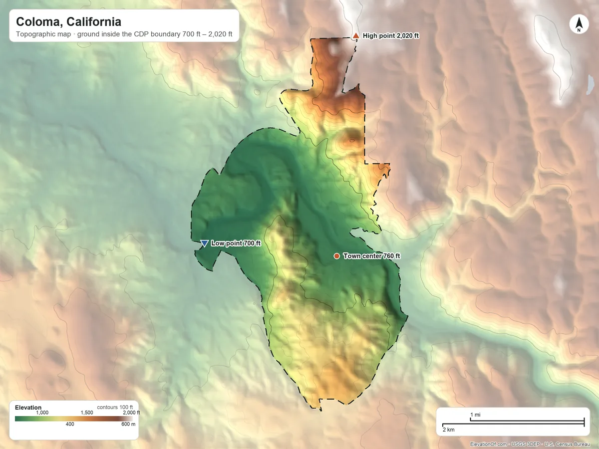 Topographic elevation map of Coloma, California, shaded from 700 ft on the west side to 2,020 ft on the north side
