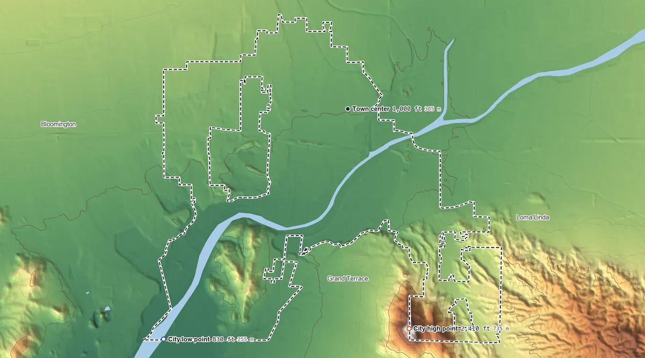 Topographic elevation map of Colton, California, shaded from 830 ft on the southwest side to 2,410 ft on the south edge, below higher ground just outside