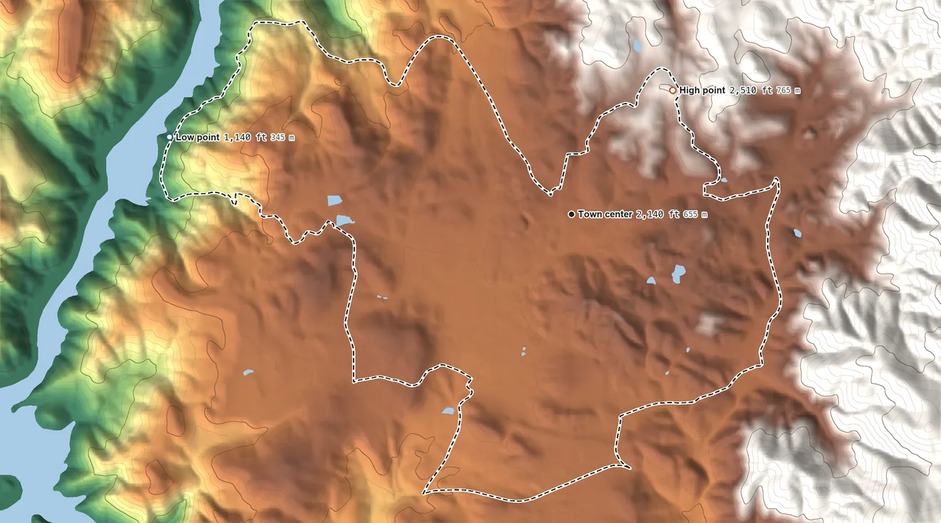 Topographic elevation map of Columbia, California, shaded from 1,140 ft on the west side to 2,510 ft at the foot of the Red Hills