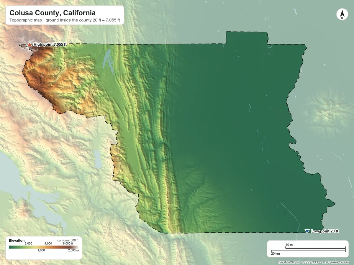 Topographic elevation map of Colusa County, California, shaded from 20 ft on the southeast side to 7,055 ft on Snow Mountain