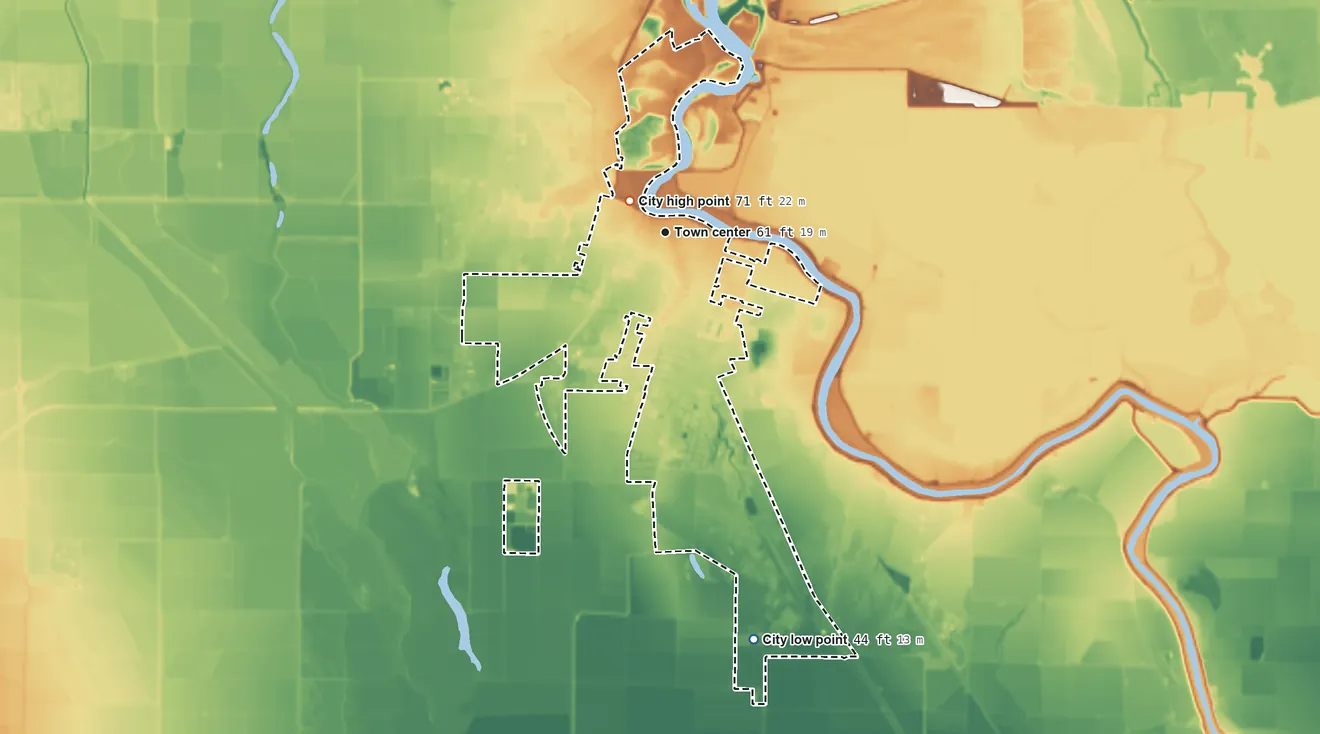 Topographic elevation map of Colusa, California, shaded from 44 ft on the south side to 71 ft near the middle