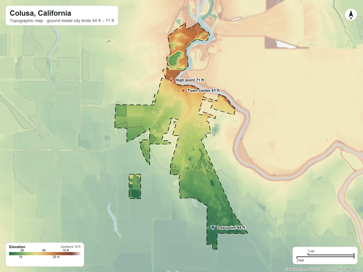 Topographic elevation map of Colusa, California, shaded from 44 ft on the south side to 71 ft near the middle