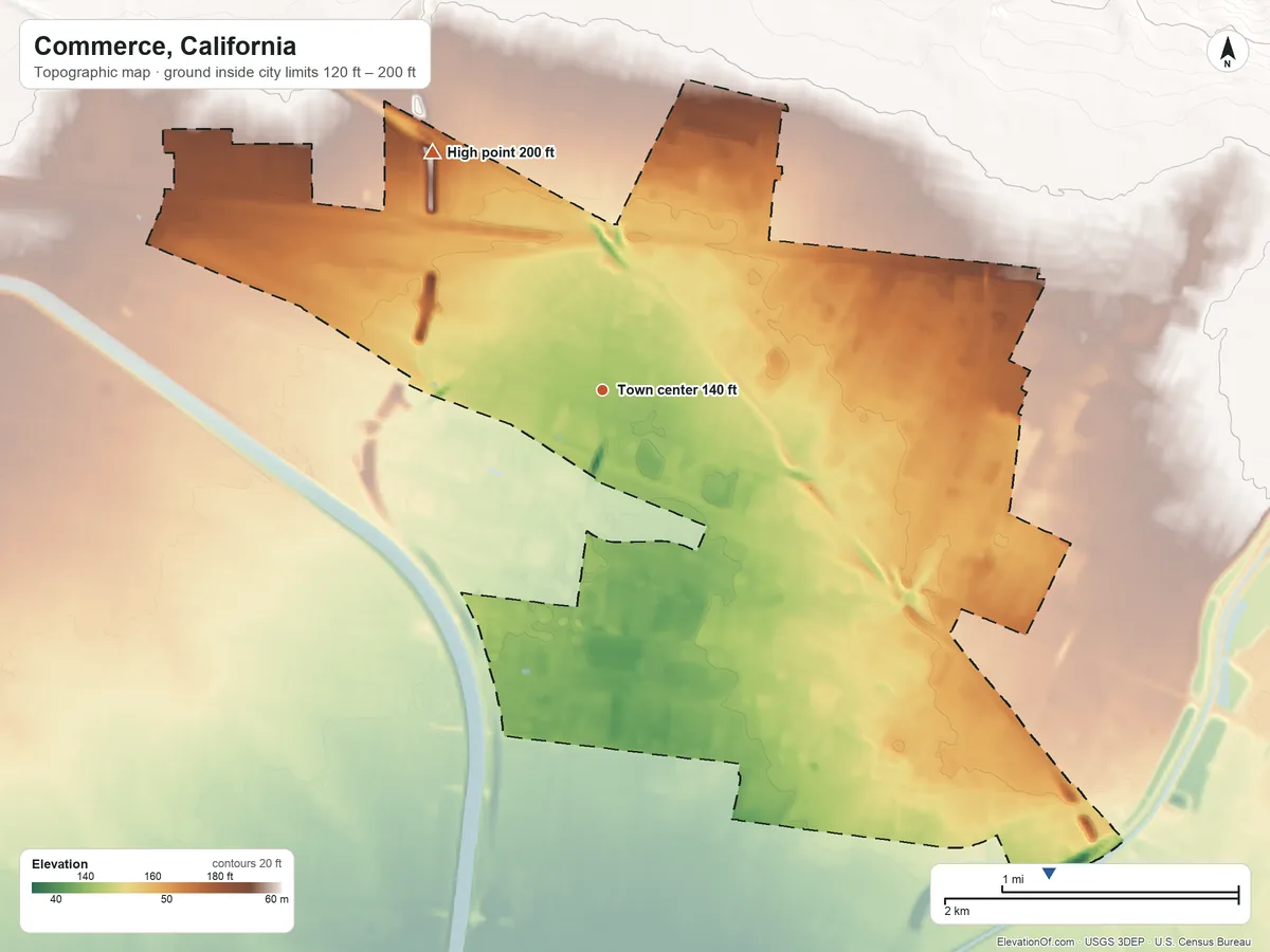 Topographic elevation map of Commerce, California, shaded from 120 ft on the southeast side to 200 ft on the northwest side