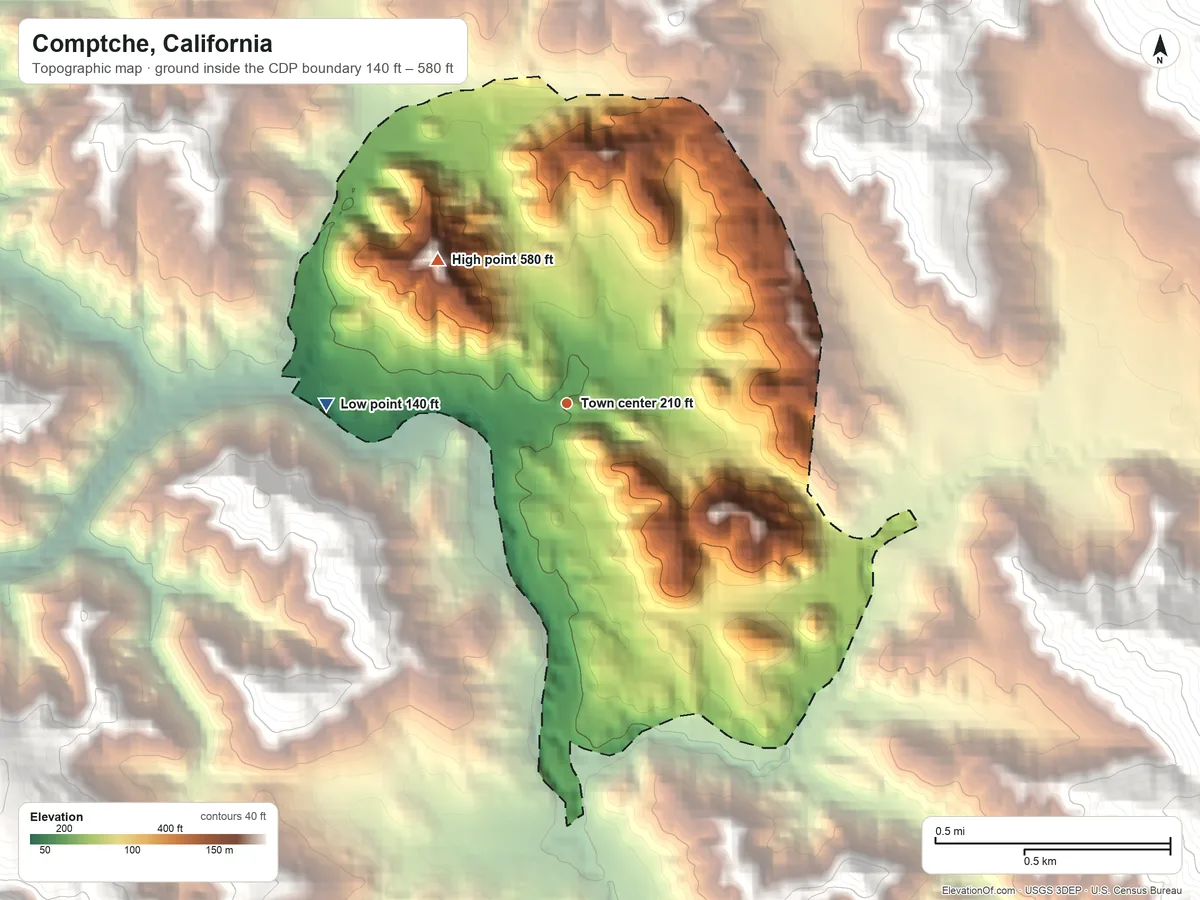 Topographic elevation map of Comptche, California, shaded from 140 ft on the west side to 580 ft at the foot of the Flynn Hills