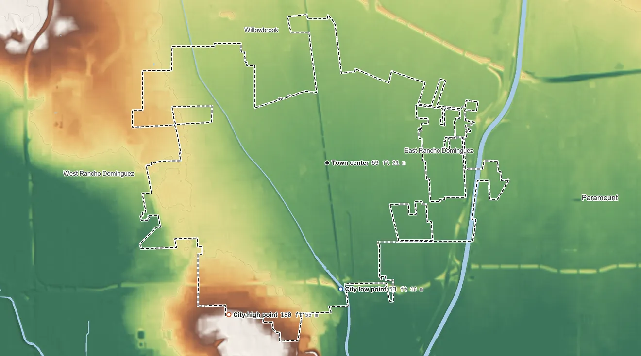 Topographic elevation map of Compton, California, shaded from 53 ft on the south side to 180 ft on the southwest side