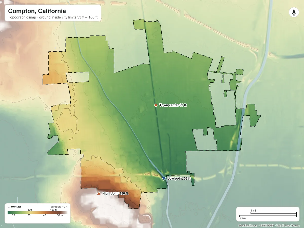 Topographic elevation map of Compton, California, shaded from 53 ft on the south side to 180 ft on the southwest side