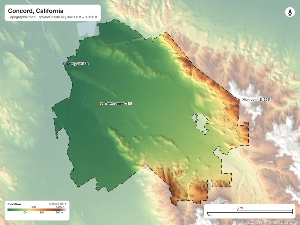 Topographic elevation map of Concord, California, shaded from 8 ft on the northwest side to 1,120 ft on the east side