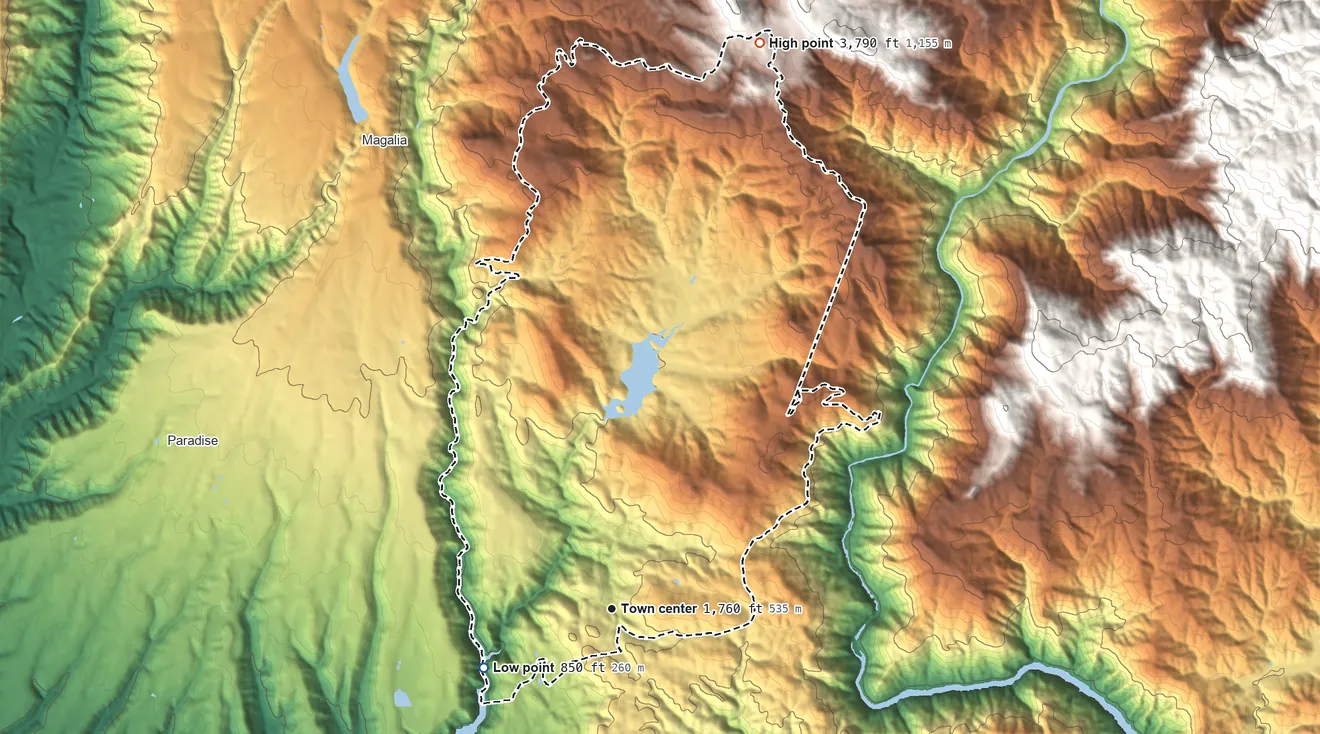 Topographic elevation map of Concow, California, shaded from 850 ft on the southwest side to 3,790 ft on the north edge, below higher ground just outside