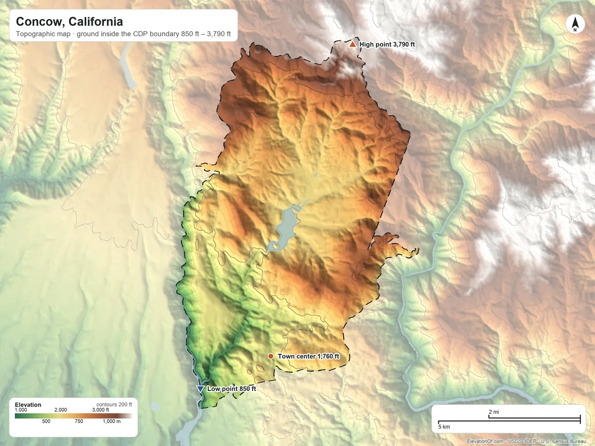 Topographic elevation map of Concow, California, shaded from 850 ft on the southwest side to 3,790 ft on the north edge, below higher ground just outside