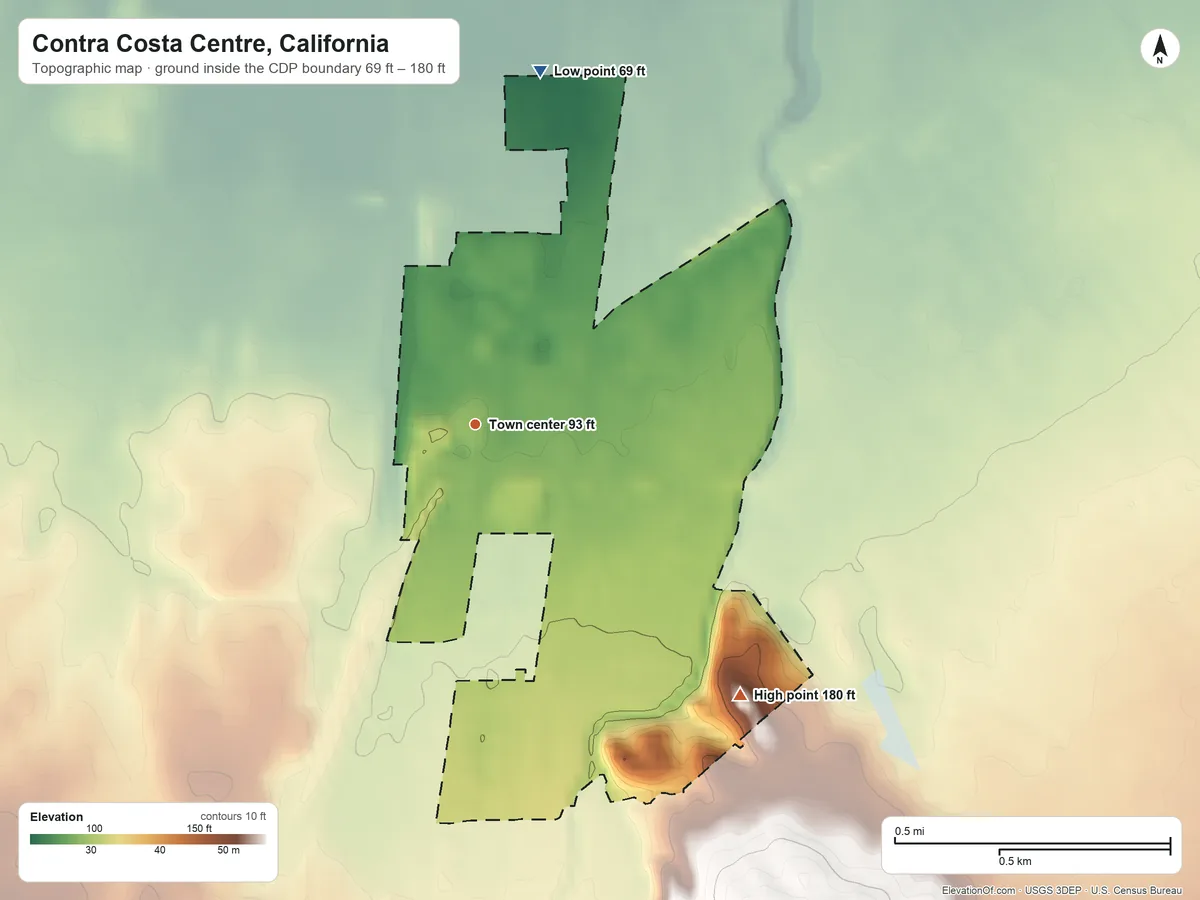 Topographic elevation map of Contra Costa Centre, California, shaded from 69 ft on the north side to 180 ft at the foot of the Briones Hills
