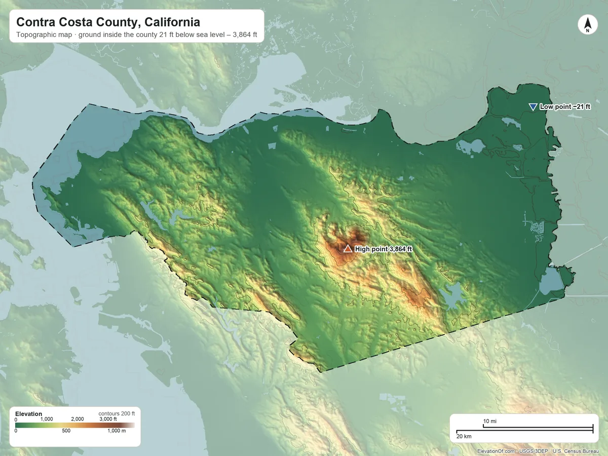 Topographic elevation map of Contra Costa County, California, shaded from 21 ft below sea level on the northeast side to 3,864 ft on Mount Diablo