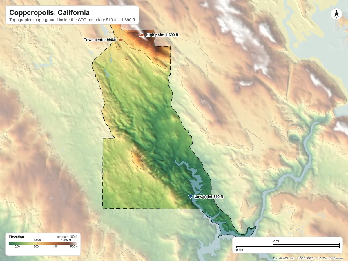 Topographic elevation map of Copperopolis, California, shaded from 510 ft on the southeast side to 1,690 ft near the middle