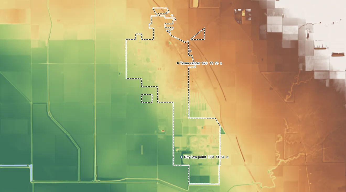 Topographic elevation map of Corcoran, California, shaded from 170 ft on the south side to 200 ft on the north side